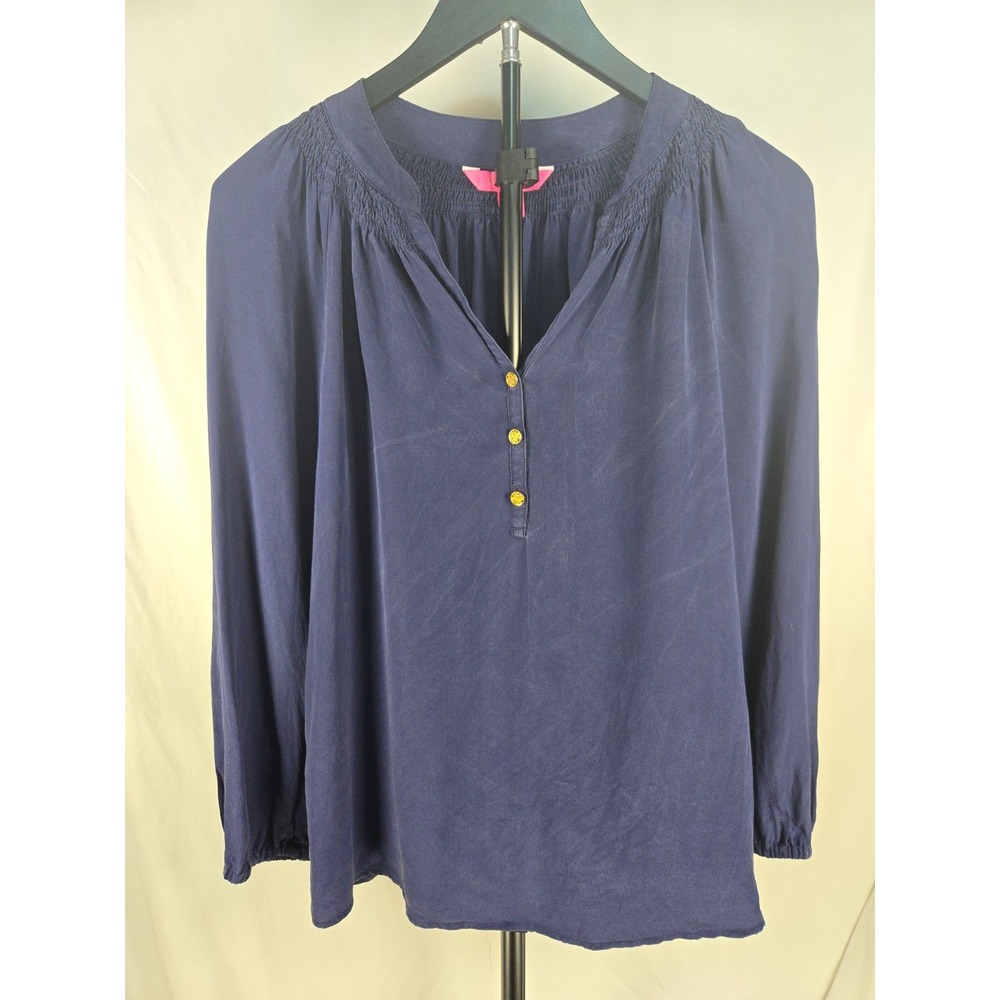 Lilly Pulitzer 100% Silk Blouse Womens S Navy Blue Smocked Gold Button Boho